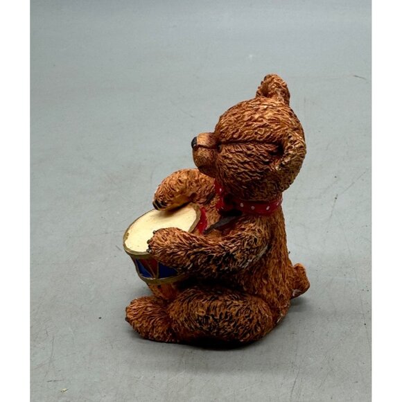 Vintage Ceramic Teddy Bear Drummer Figurine brown dots playful 3" bow tie READ - Picture 2 of 6